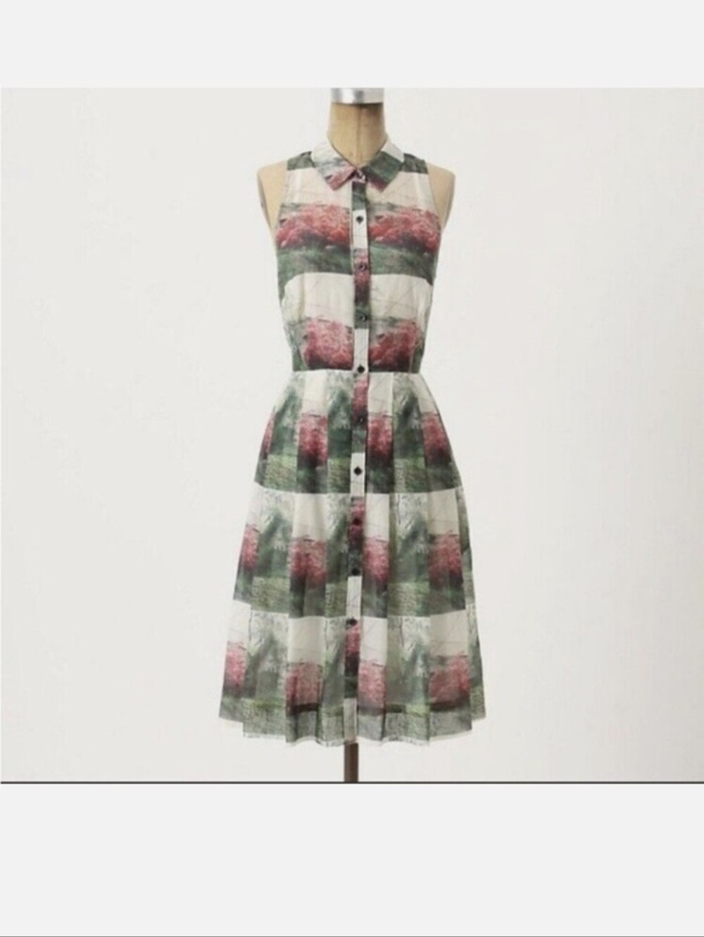 Sleeveless Button-Front Midi Dress in Green and Pink